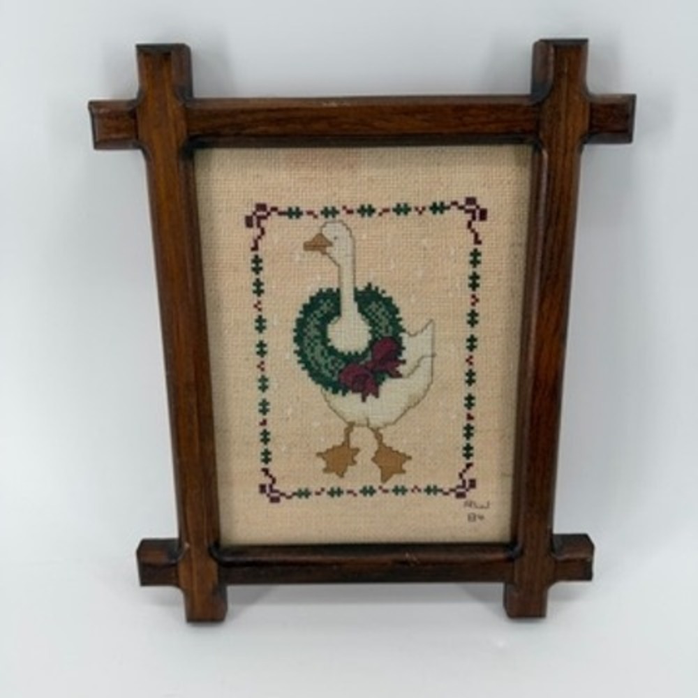 Vintage 1984 Christmas Goose Cross Stitch Framed Wall Art Rustic Wood 10x12